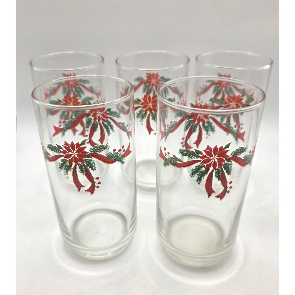 VTG Libby Poinsettia Ribbon 10 Piece Glassware Set 16oz Holiday Cooler Glasses